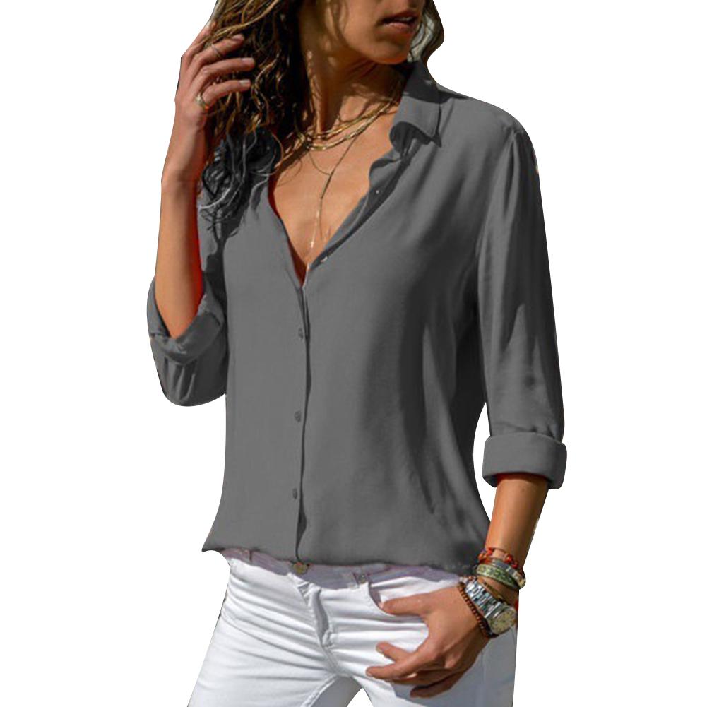 Women Elegant Solid Chiffon Blouse Spring Summer Casual Long Sleeve V Neck Loose Shirt Office Lady Tunics Oversized Tops