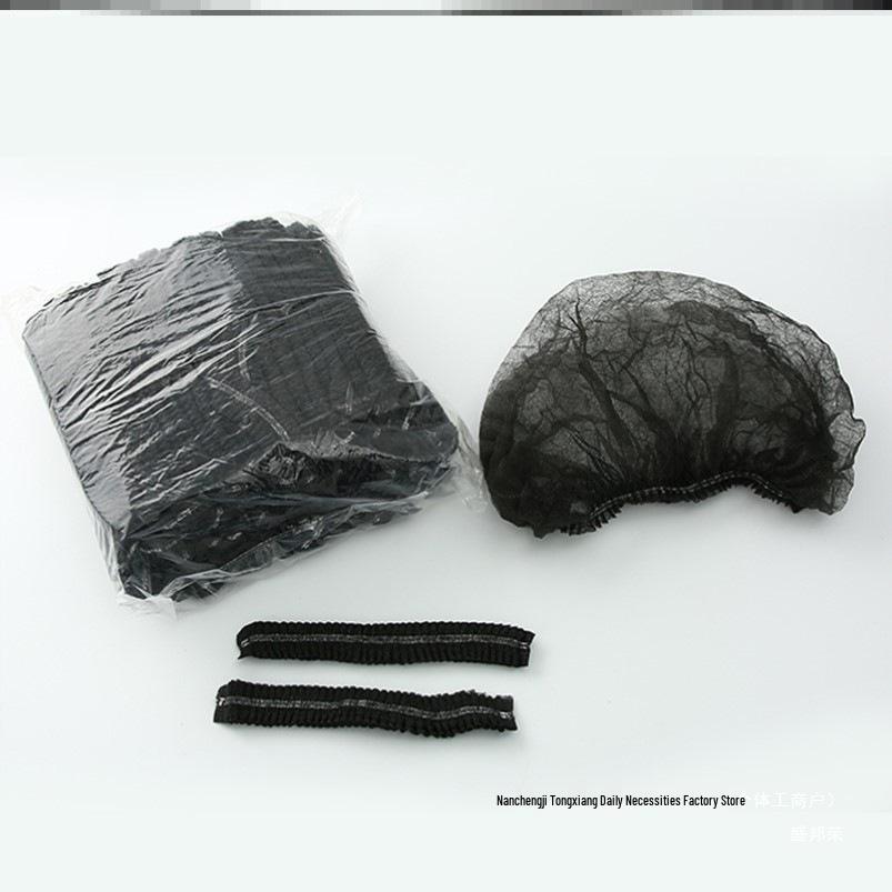White Disposable Bouffant Cap - Non-Woven Hair Net Hat for Work or Bath, Black Thick Short Hair Coverage
