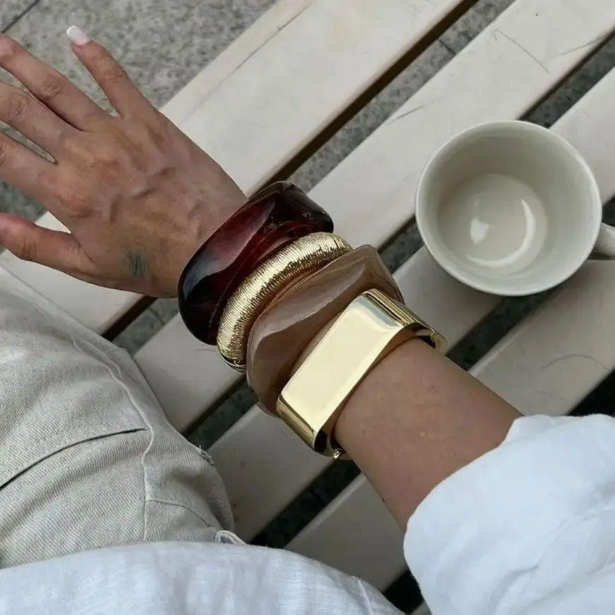 SHIXIN New Fashion Brown Thick Resin Acrylic Wide Bangle Bracelet for Women Punk Geometric Irregular Metal Spring Open Bangles