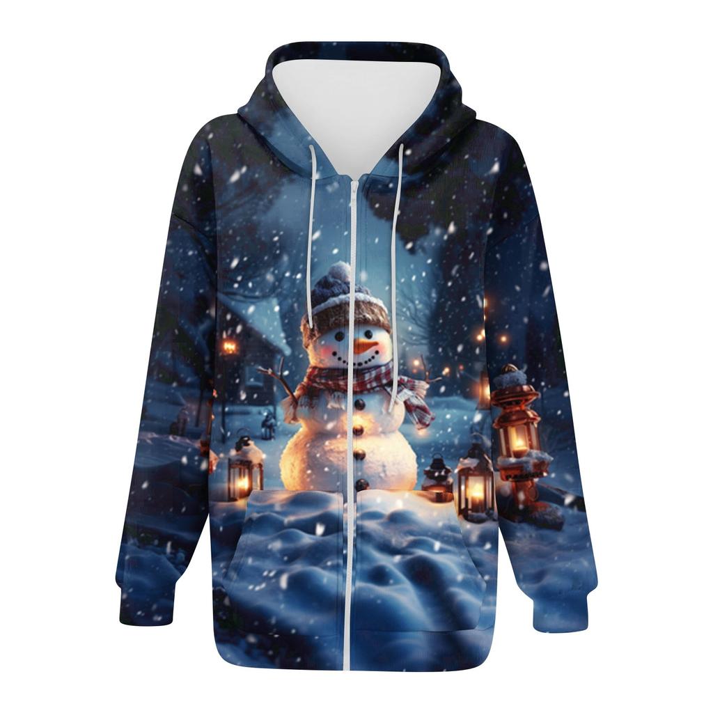 Ladies Fashion Casual Christmas Print Sweatshirt Autumn Winter Long Sleeve Cardigan Jacket With Pocket Zipper Hoodie Jacket