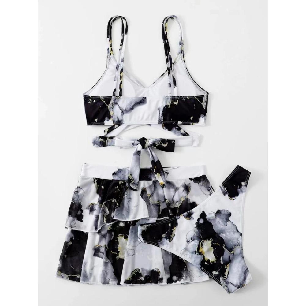 Three Pieces Marble Print Halter Micro Triangle Bikini Swimsuit Women Beach Skirt Swimwear Summer Beach Bathing Suit Bikini Set