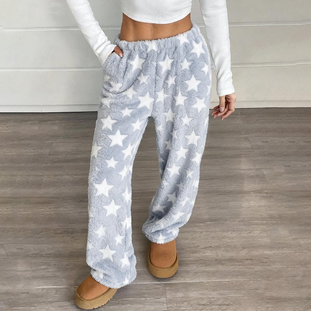 Women's Pajama Pants, Plush Pajama Pants, Soft Elastic Waist Pajama Pants, Star Pants With 2 Pockets