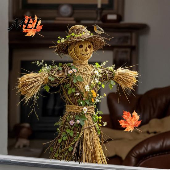 Autumnal Home Embellishment Scarecrow Window Stickers with Realistic Maple Leaf, Pastoral Decals, Waterproof Holiday Party Ornament PVC Static Clings