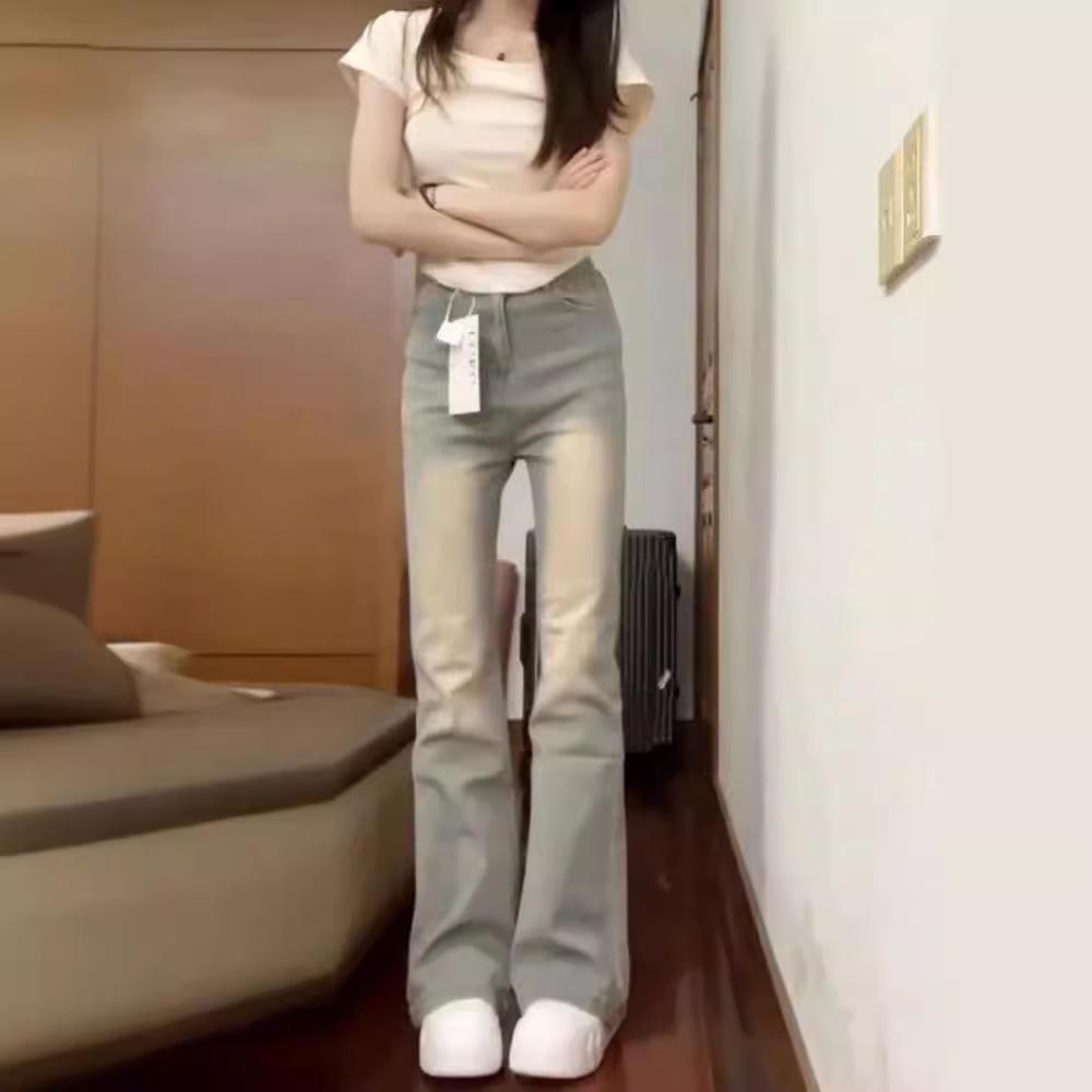 Women's High-Waist Slim Flared Jeans, Yellow-Mud Color, Perfect for Spring and Autumn