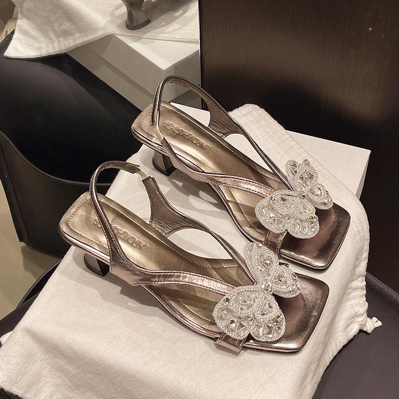 Shallow mouth empty rhinestone bow empty sandals high heels summer new one-pedal sandals women