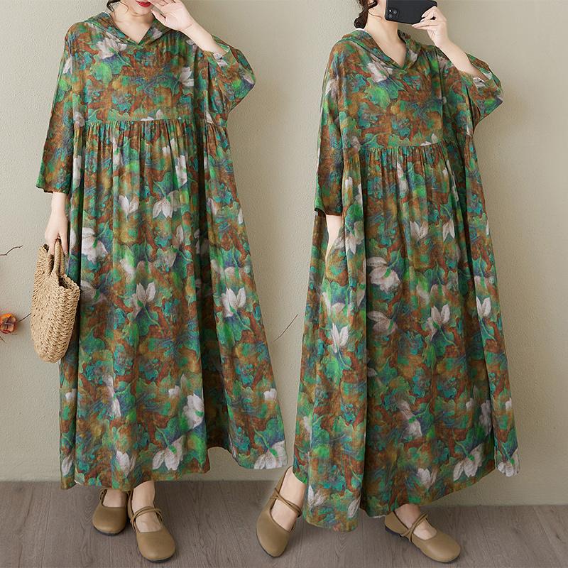DIMANAF 2025 Большие размеры Лето Женское Базовое Платье Винтаж Цветочный Принт Повседневное Свободное Длинное Платье С Капюшоном Макси