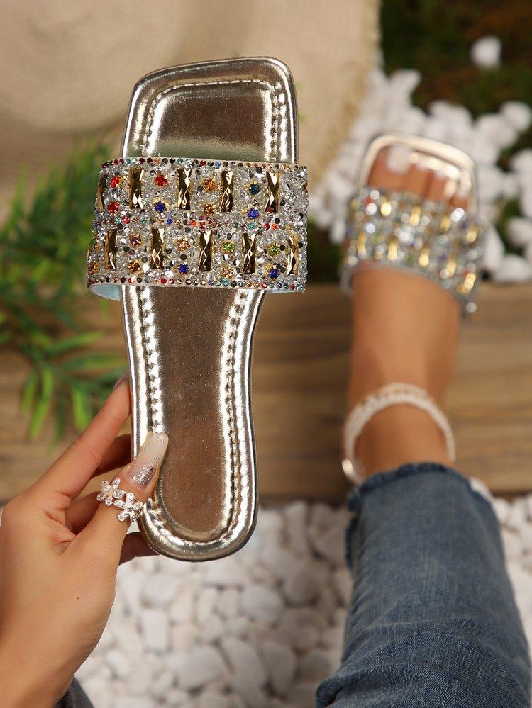 Тапочки на плоской подошве женские роскошные золотистые пляжные туфли с кристаллами летние сандалии женские новые шлепанцы повседневные шлепанцы Zapatillas Mujer