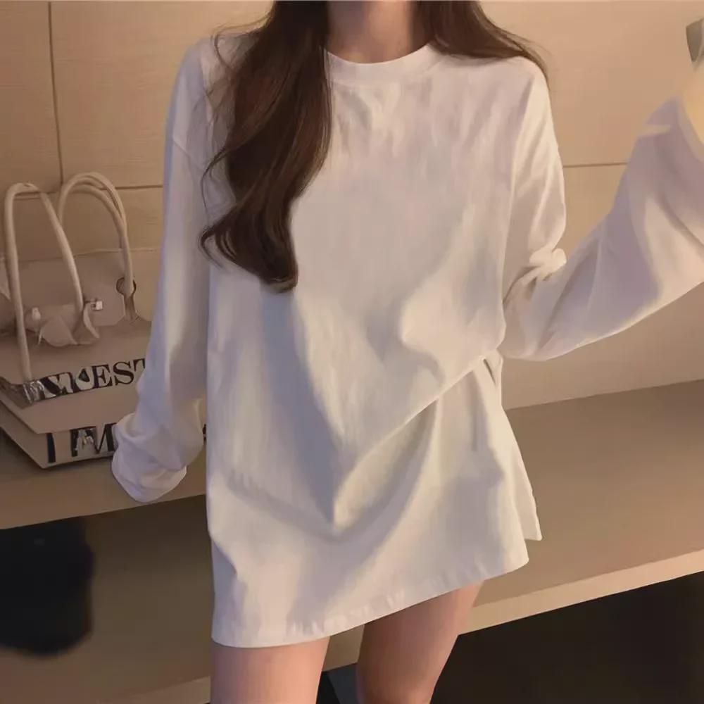 Women's Long-Sleeve White T-Shirt - 2025 Autumn Loose Fit, Trendy All-Match Top