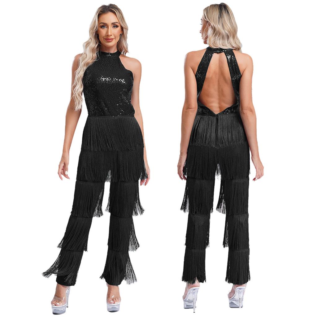 Women Sleeveless Jazz Costume Flowy Tassel Rompers Performance Dancewear Fringe Jumpsuit Tango Cha-Cha Samba Dancing Party Dress
