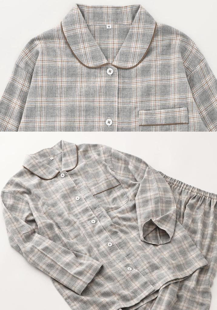Kaituck Family Women's Flannel Shirt Pajamas, Long Sleeve, Check Pattern, Spring/Autumn (Size L, Gray)