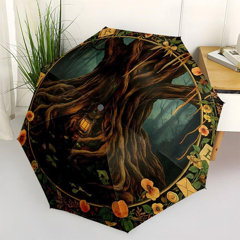Enchanted Forest Tree with Lantern Wall Art Print Umbrella, Portable 3-Fold Compact Umbrella for Men & Women R138