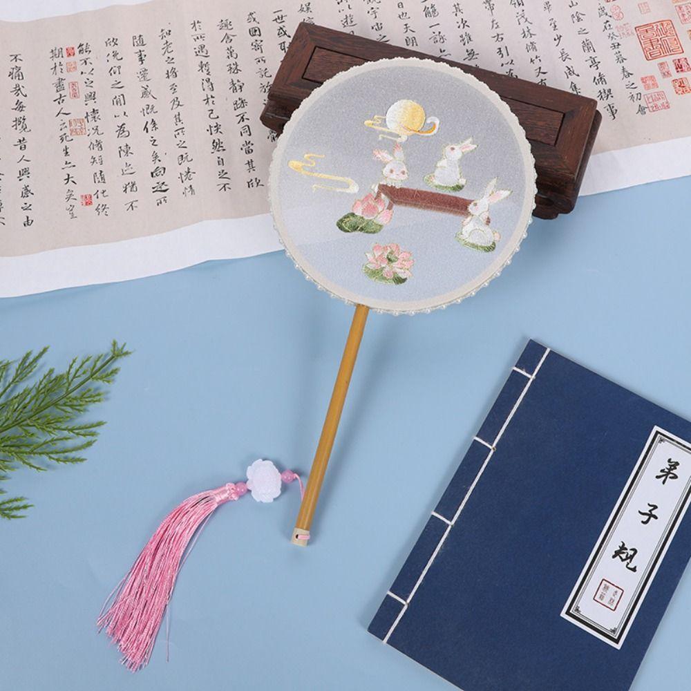 Классический круглый веер в китайском стиле, винтажный вышитый шелковый веер, двусторонний с кисточкой, ручной веер для женщин