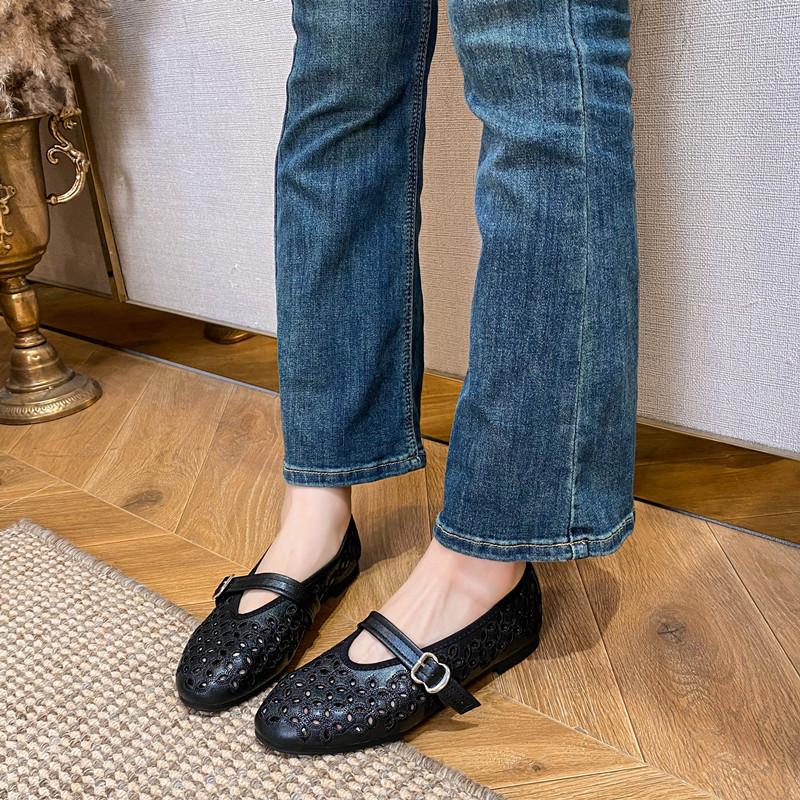 2025 Embroidery Hollow Out Women Ballet Flats Comfortable Soft Soles Mary Janes Lazy Walking Loafers Casual Girls Shoes