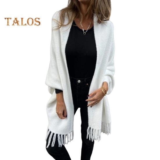 Winter Fall Women Jacket Thick Fleece Fringe Tassel Hem Long Bat Sleeves Open Stitch Cardigan Knitted Fuzzy Mid Length Coat Outdoor Daily Wear Shawl