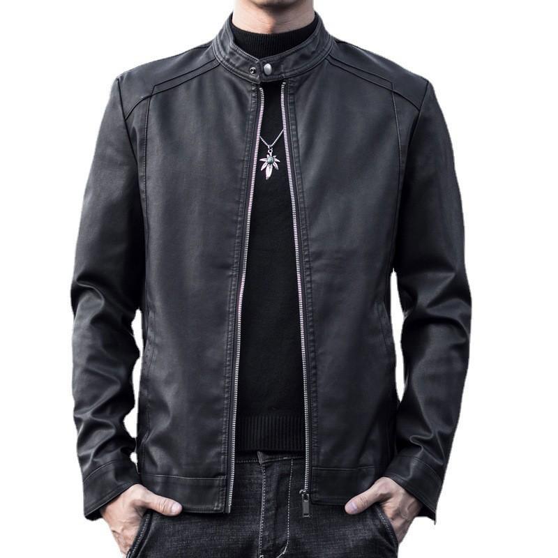 Mens PU Leather Jacket Slim Fit Winter Warm Fleece Lined Stand Collar Casual Biker Coat