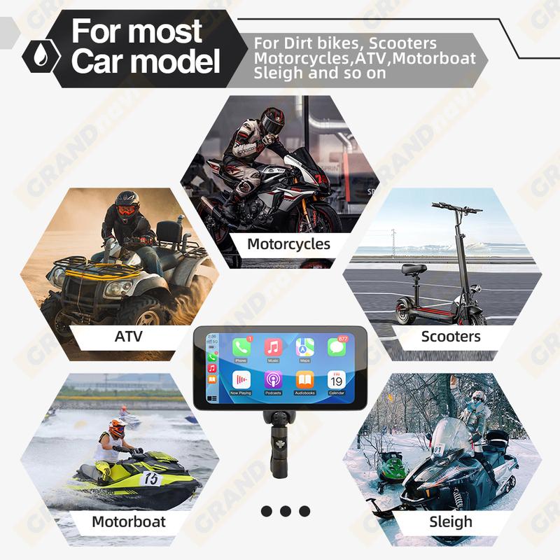6.5" Motorcycle Smart Display Wireless CarPlay Android Auto Removable Bracket Portable IP67 Waterproof Bluetooth Monitor
