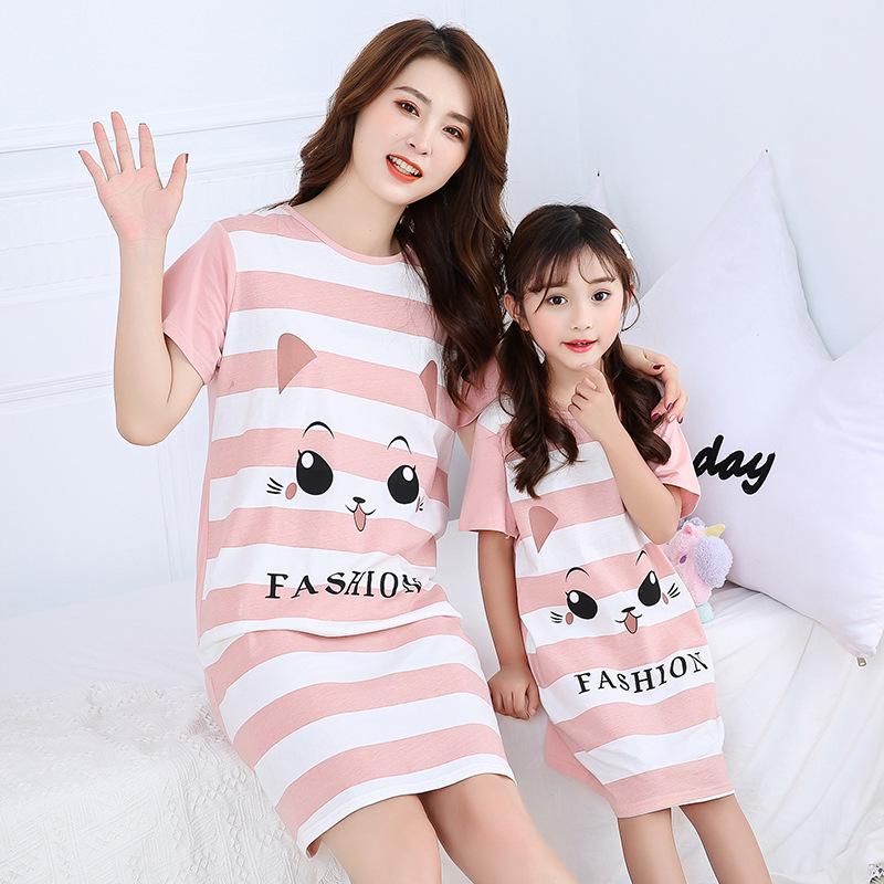 Girls' Summer Cartoon Short Sleeve Pajamas - Cute Parent-Child Cotton Nightdress