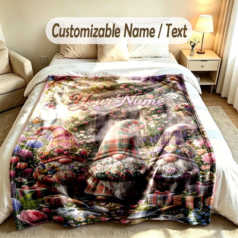 Gnome Theme Custom Blanket Personalized Name & Text Customized Soft Warm Throw Blanket Home Decor