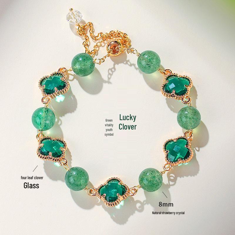 Браслет женский 'Счастливый клевер' с аметистом и розовым кварцем - Четырехлистный клевер Легкая роскошь Модная бижутерия.