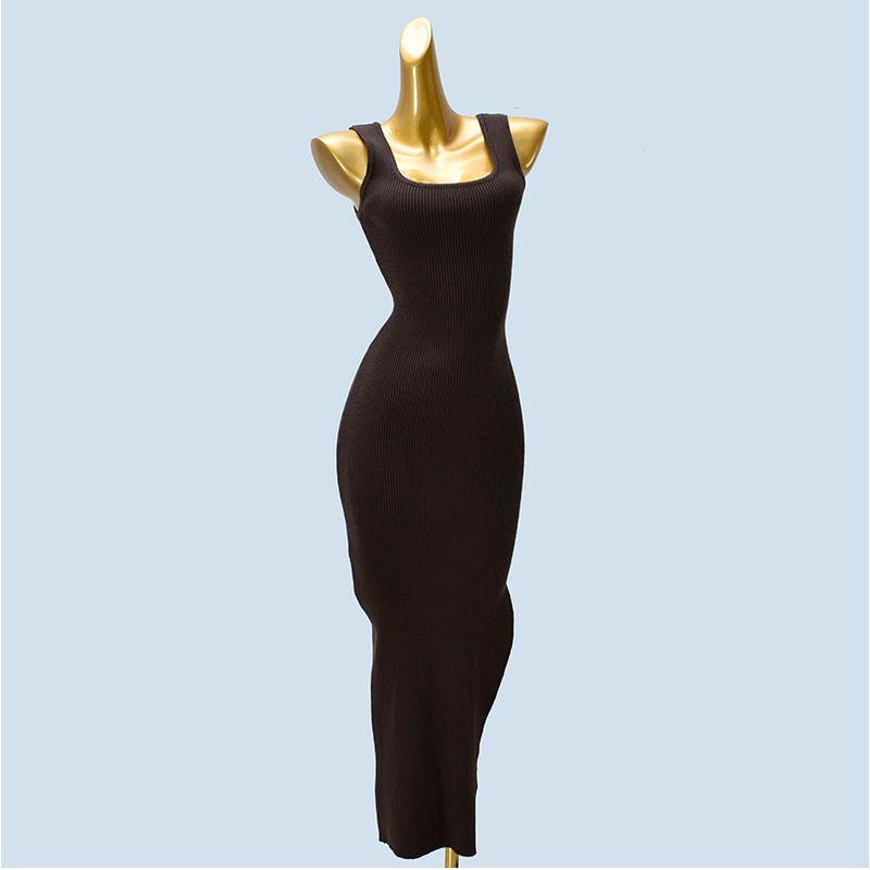 Knitting Sling Dress Women's Spring and Autumn Sexy Square-Neck Collarbone Slit Slim-Fitting Hip-Wrapped Sleeveless Long Dress Show Figure