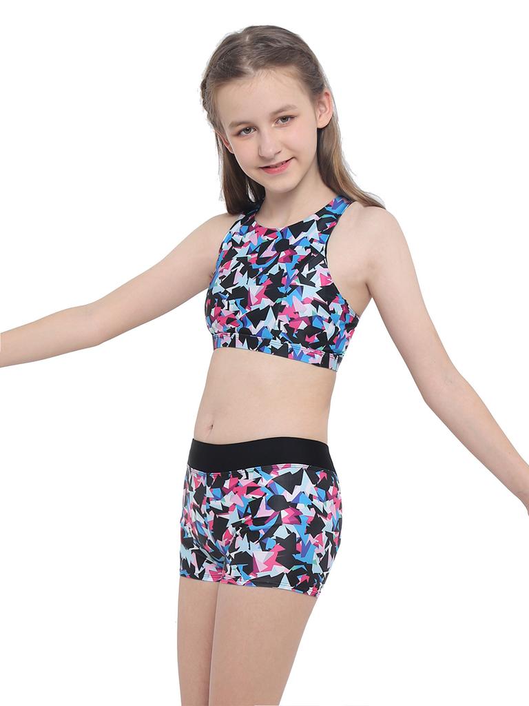 Детский купальник-танкини с принтом для девочек, комплект из двух частей, топ без рукавов с перекрещивающимися бретелями и шорты