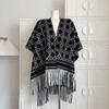 Winter France Knitting Tassels Shawl Women Fashion Warm Natural Plaid Muffler Female Vintage Design Knit Loose Print Scarf New