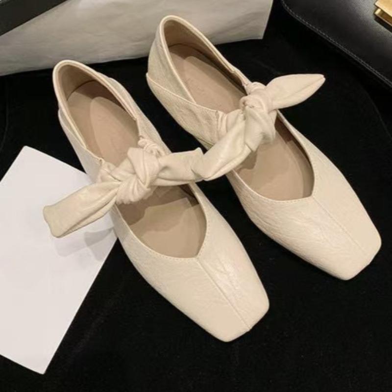 Flat Shoes Women's Spring Square Head Shallow Mouth Butterfly Knot Set Foot Soft Soles Non-slip Single Shoes