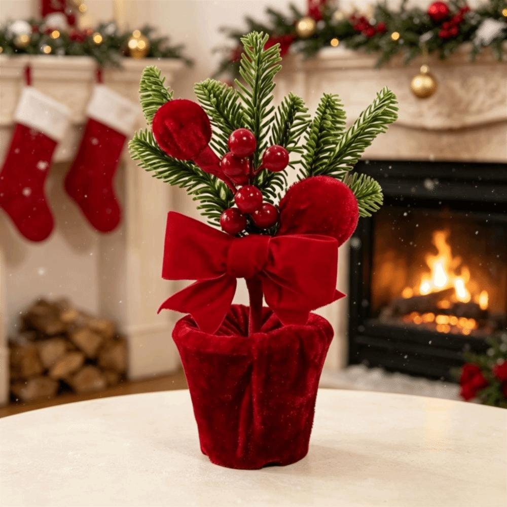 Miniature Christmas Potted Plant Wine Red Christmas Decoration Plant Shelves