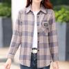 Plain Cotton Tops Spring Autumn Lapel Long Sleeve Shirts Women's Coat Brushed Retro Plaid Shirt Asian Size