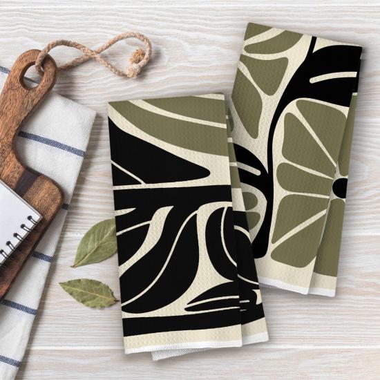 Boho Abstract Floral Kitchen Towels Set - Retro Green Black Flower Decorative Waffle Dish Towels, Mid Century Modern Decorative Hand Tea Towel, 16x24