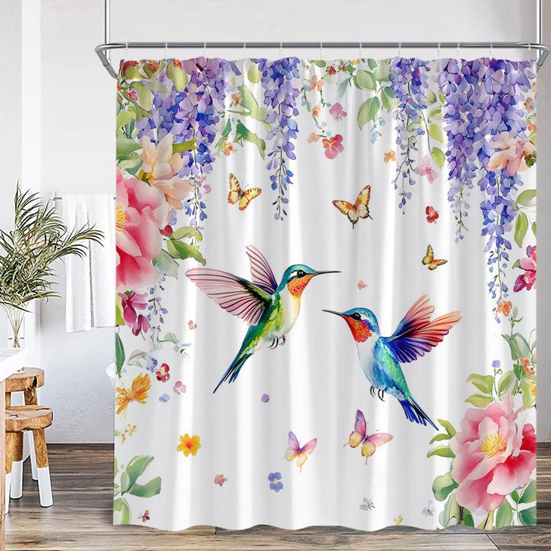 Bird Shower Curtains Colorful Birds On Tree With Green Leaves Farmhouse Bath Curtain Polyester Fabric Bathroom Decor With Hooks
