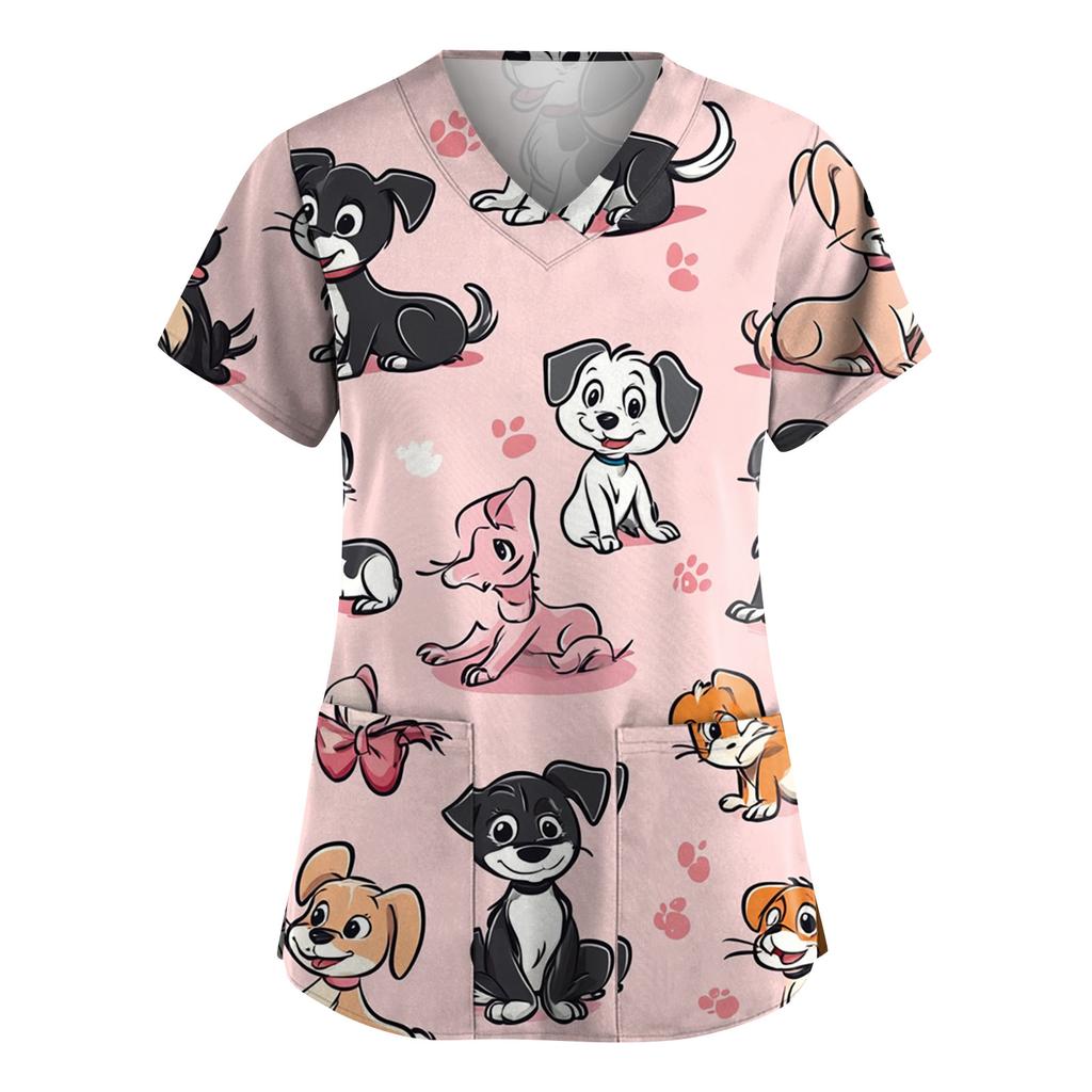 Women's Fashion Short Sleeve Cute Animal Printed V-Neck Pocket Workwear Tops