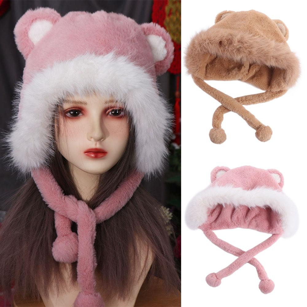 Теплая панама из искусственного меха, корейская женская, пушистая, модная, милая шапка с медвежьими ушками, зимняя
