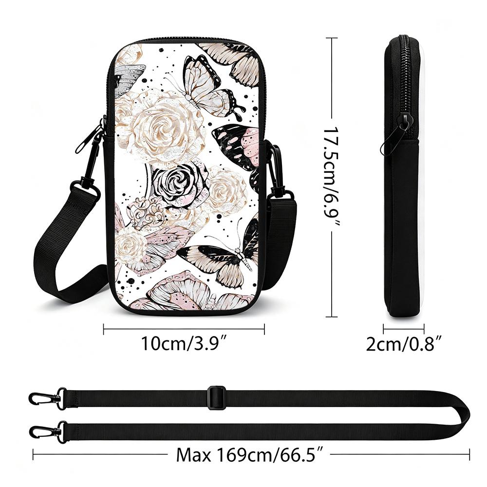 Vintage Pink Rose and Butterfly Floral Print Crossbody Phone Bag, Elegant Botanical Pattern Mini Cell Phone Sling Pouch, Xmas Gift Holiday Party Acces