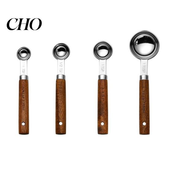 Kitchen Measuring Spoon Set 4Pcs Gold-Plated Stainless Steel Spoons & Cups Set, Precision Baking Tools with Metal Wood Handle, Nested Food Grade
