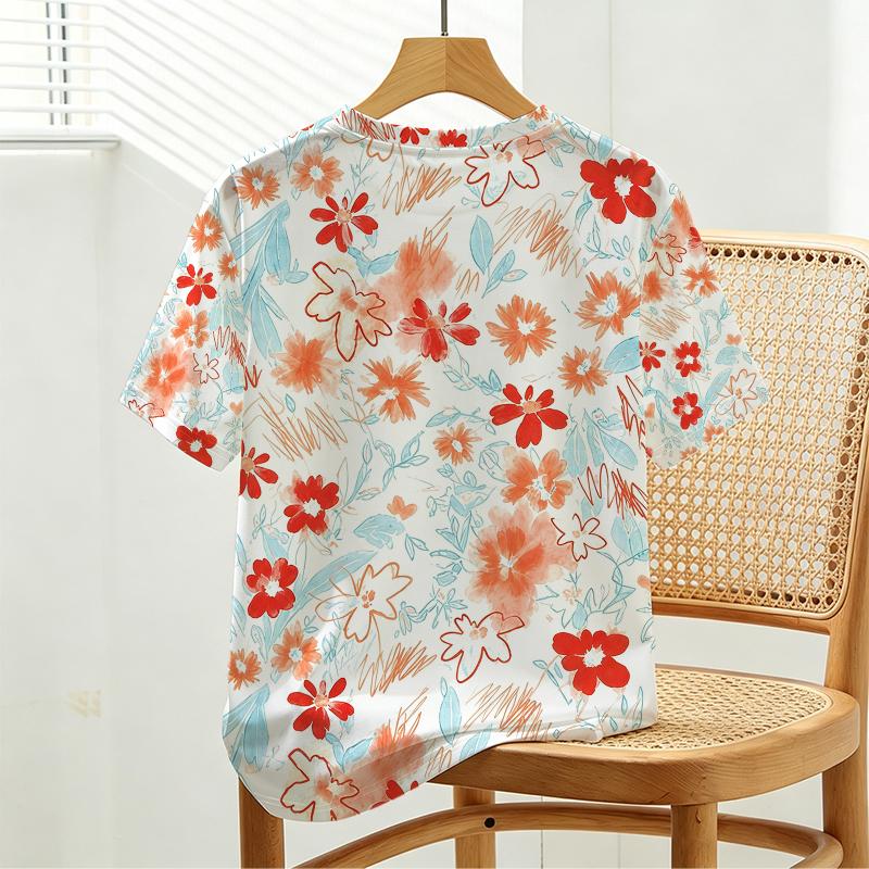 Women's Minimal Floral Short Sleeve T-Shirt - Soft Round Neck Basic Top, Casual & Versatile, Ideal for Girlfriends Gatherings & Daily Wear