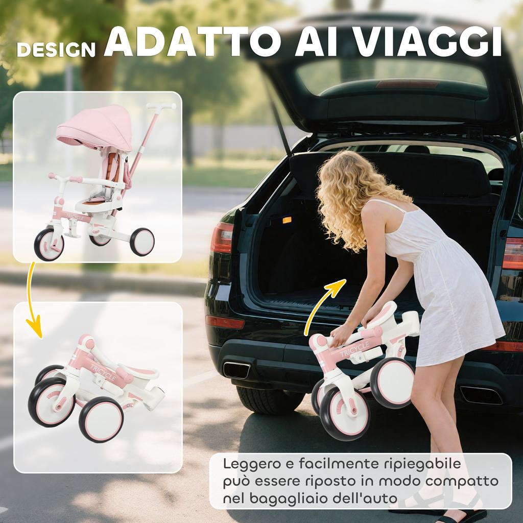 5-in-1 Children's Tricycle, Push Handle, Removable Cover, 96.5x49x101 cm, Pink