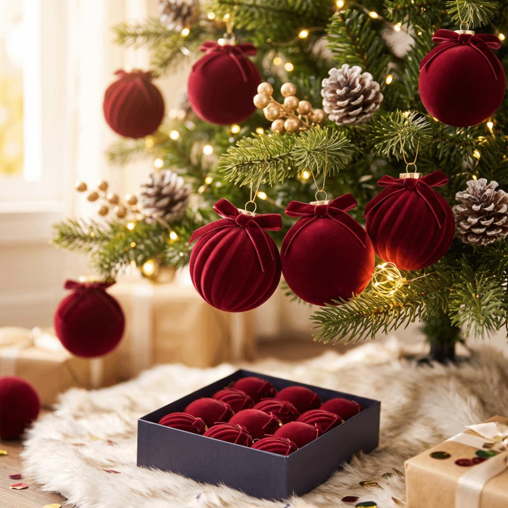 Assorted Colors Velvet Bow Baubles Striped Texture Hanging Bowknot Balls Holiday Party