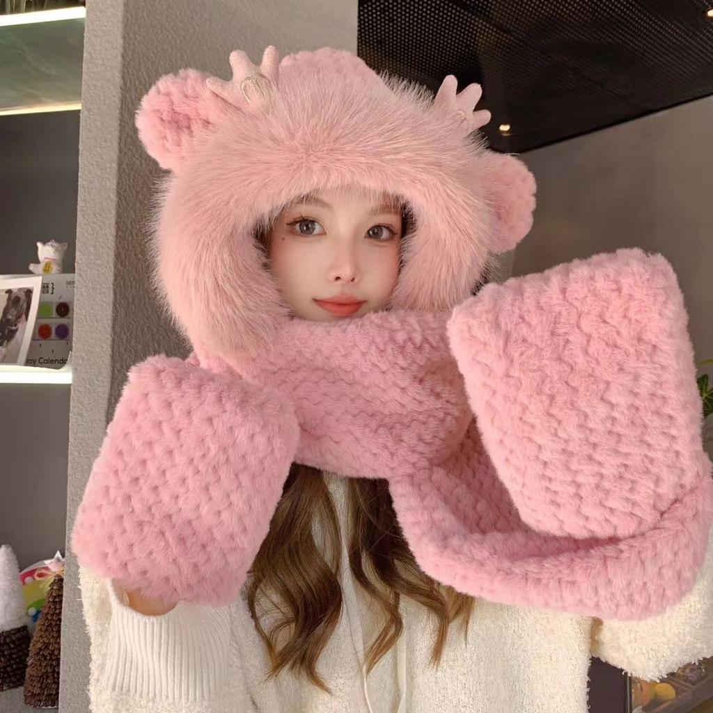 Зимняя милая шапка Dragon Ball для женщин, утолщенные перчатки, шарф, интегрированный шарф, капюшон, плюшевый, универсальный, теплый набор из трех предметов