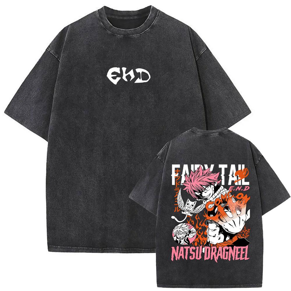 Anime Fairy Tail Vintage Washed T-shirt Cartoon Natsu Dragneel Graphic T Shirt Men Women Clothing Ma2175