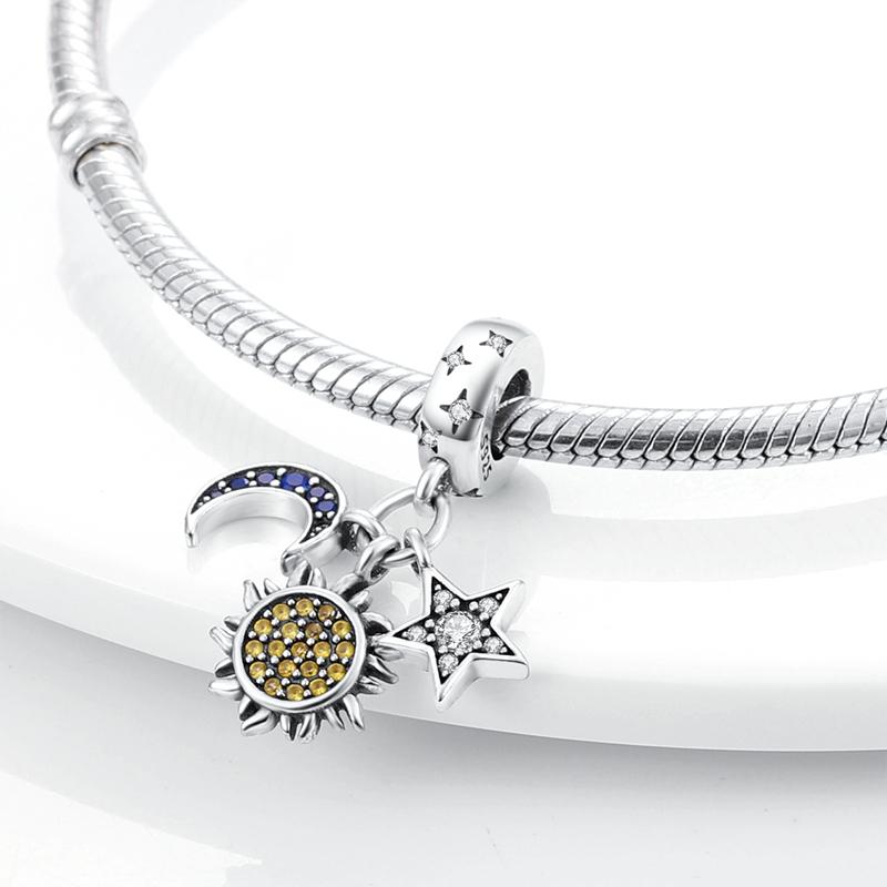 Exquisite Real 925 Silver Star Sun Moon Pandent Charms Beads Jewellery Fitted Original 925 Bracelet For Women DIY Gift Party
