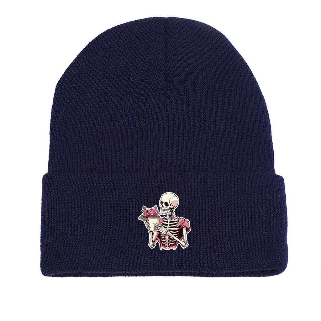 Skeleton Flower Print Knitted Hat Beanie, Woman Cap Windproof Lightweight Sporting Headwear Knit Cap Beanie