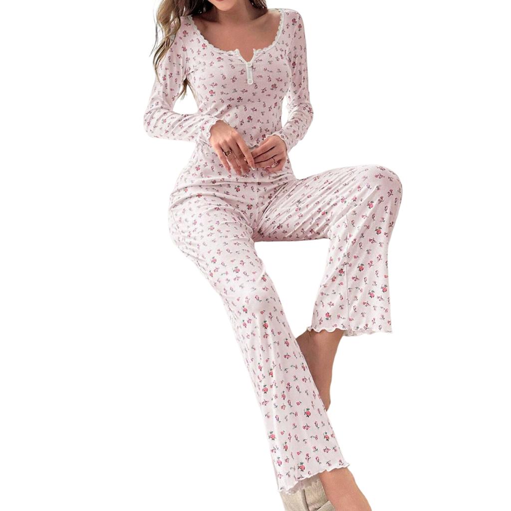 Женский удобный и милый пижамный комплект с цветочным принтом, с длинными рукавами и длинными брюками
