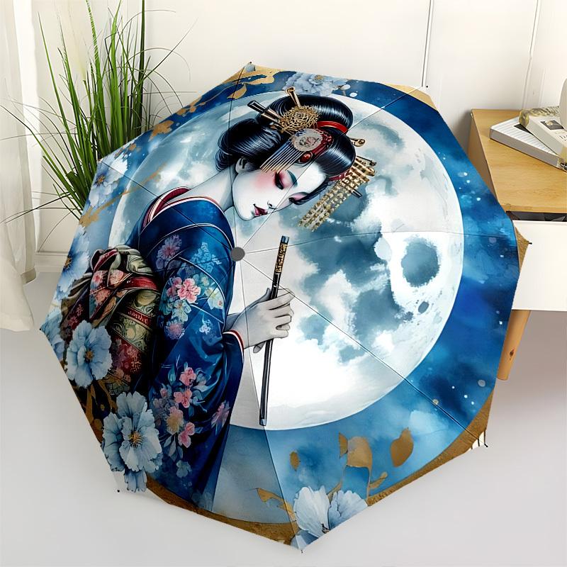 Geisha, Moonlit Night Themed Automatic Opening and Closing Umbrella, Brightly Colored 8 rib Portable Umbrella, Suitable for Men and Women, A