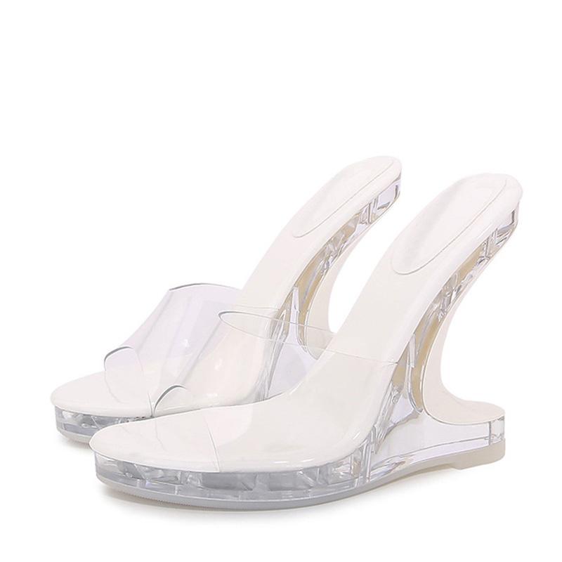 Liyke Fashion Chic Strange Клинья Тапочки для женщин Прозрачные высокие каблуки Летние открытые носки ПВХ Прозрачные туфли Сандалии на платформе