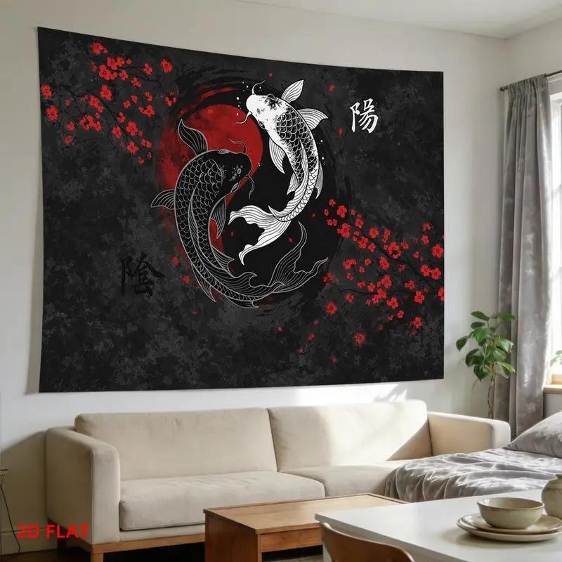 VIKAMA Japanese Yin Yang Koi Fish Tapestry Black Red Cherry Blossom Wall Hanging Asian Ink Art Bedroom Living Room Decor