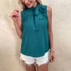Summer 2022  Fashion Women Clothing Elegant Office Lady Sleeveless Blouse Solid Color Blue Tops Bow Shirt Blusa Mujer 24289