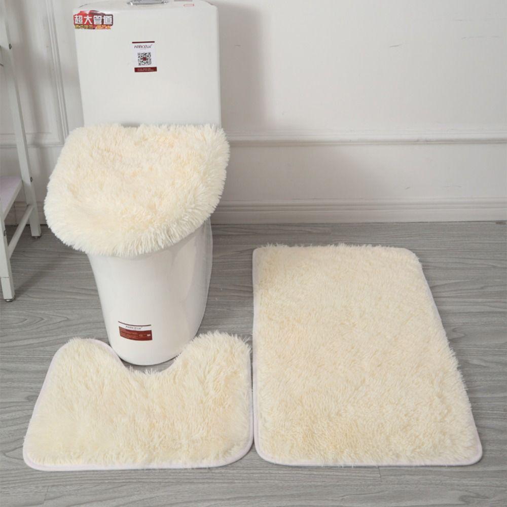 3pcs/set Fluffy Hairs Toilet Lid Cover Rugs Solid Color Shower Carpets Sets Shower Room