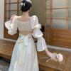 Spring Sweet Back Puff Sleeve Midi Dress Women Autumn Pink Bandage Dress Elegant Chiffon Long Dresses Female