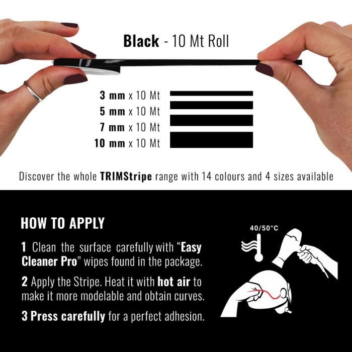 Bandes adhésives - trim stripes - noir - 3 mm x 10 mt - thermoformable - résistant aux intempéries